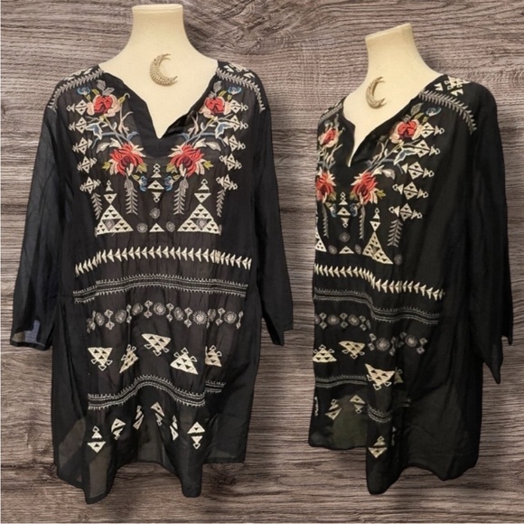 2X Johnny Was 3JW Flowers & Geometric Embroidered Black 3/4 Sleeve Top Tunic NWT - Picture 9 of 16